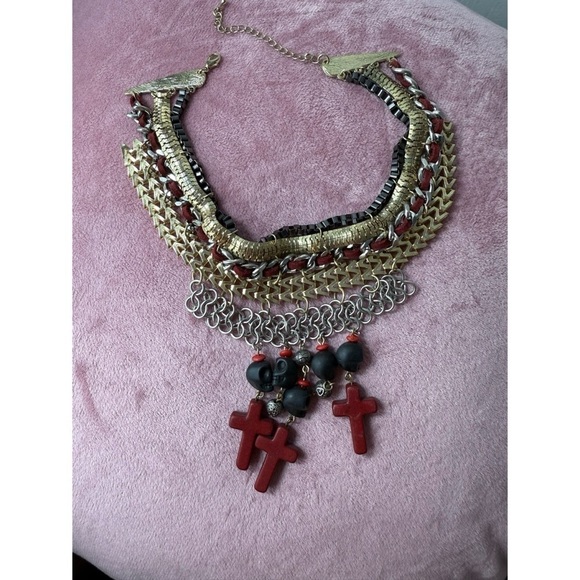 Topshop Silver Gold Black Skulls Cross Stacked Chain Choker Statement Necklace - Picture 3 of 6